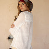 Zimmie Peasant Blouse White - rear view showcasing shirred bodice at rear