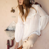 Zimmie Peasant Blouse White - semi sheer style with shirred bodice at front and rear.