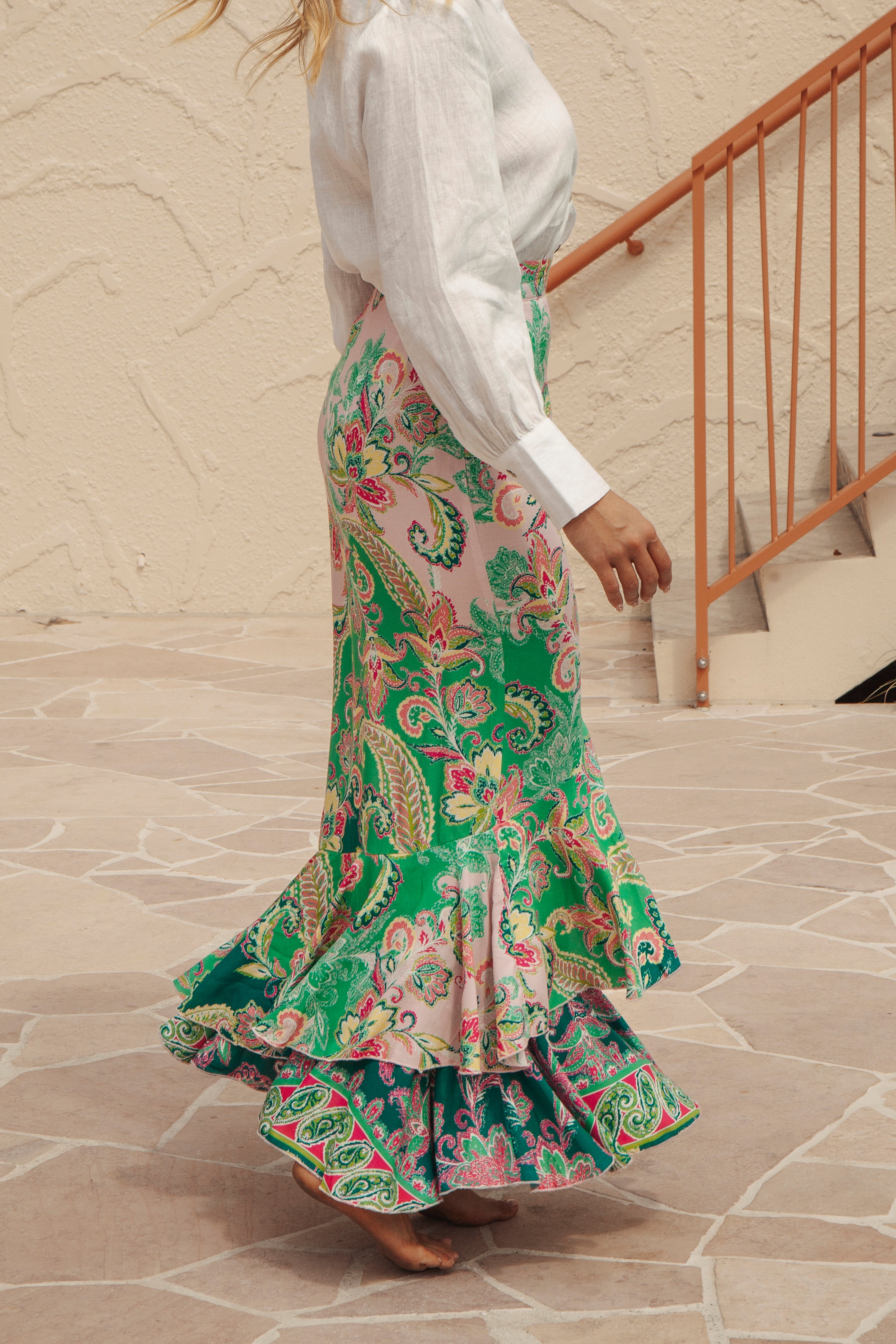 Zoe Frill Skirt Paisley Paradise - side view of ruffled layers and wrap style