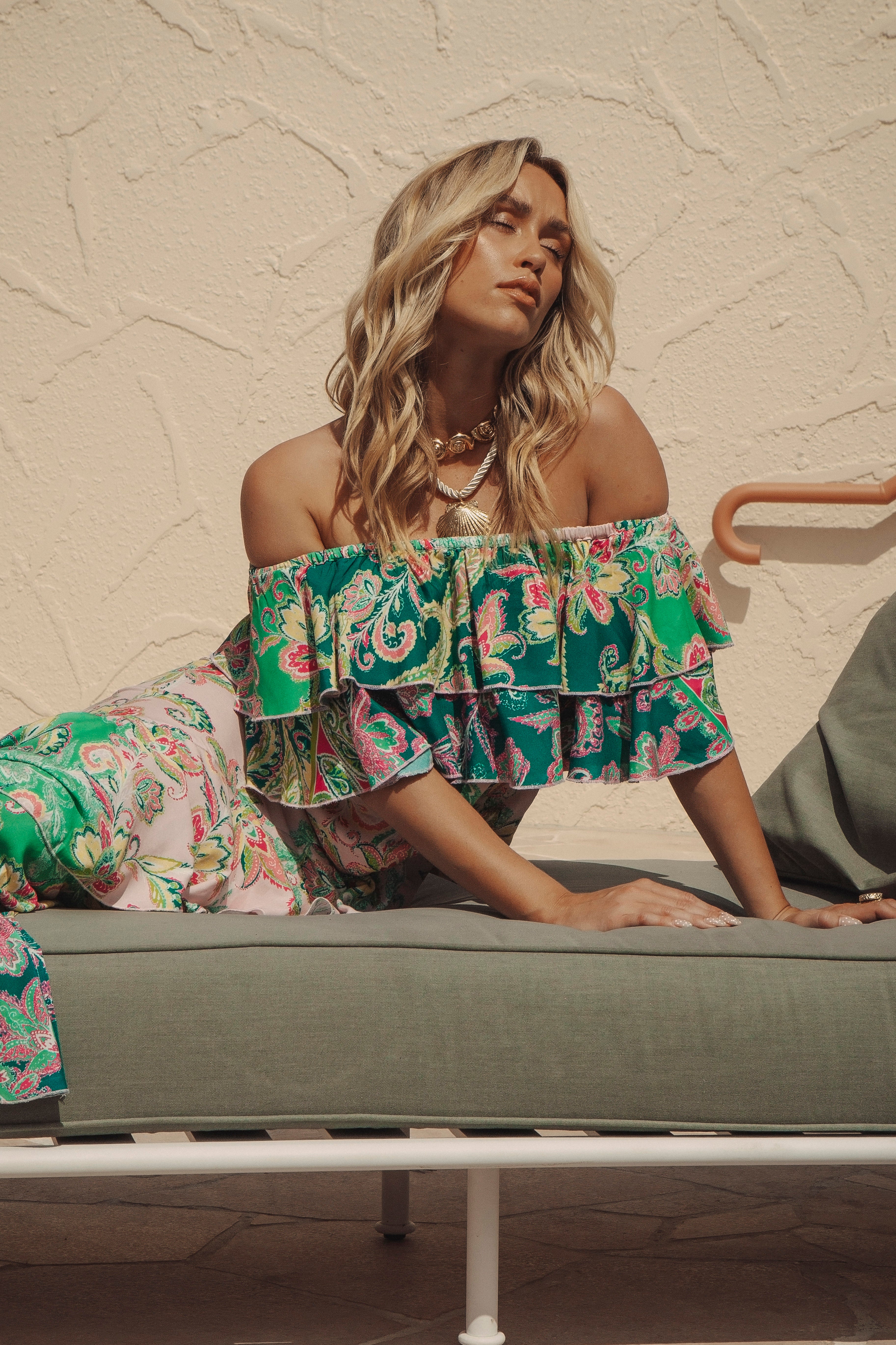Zoe Top - Paisley Paradise features a retro paisley pattern, off the shoulder style and ruffled bodice.