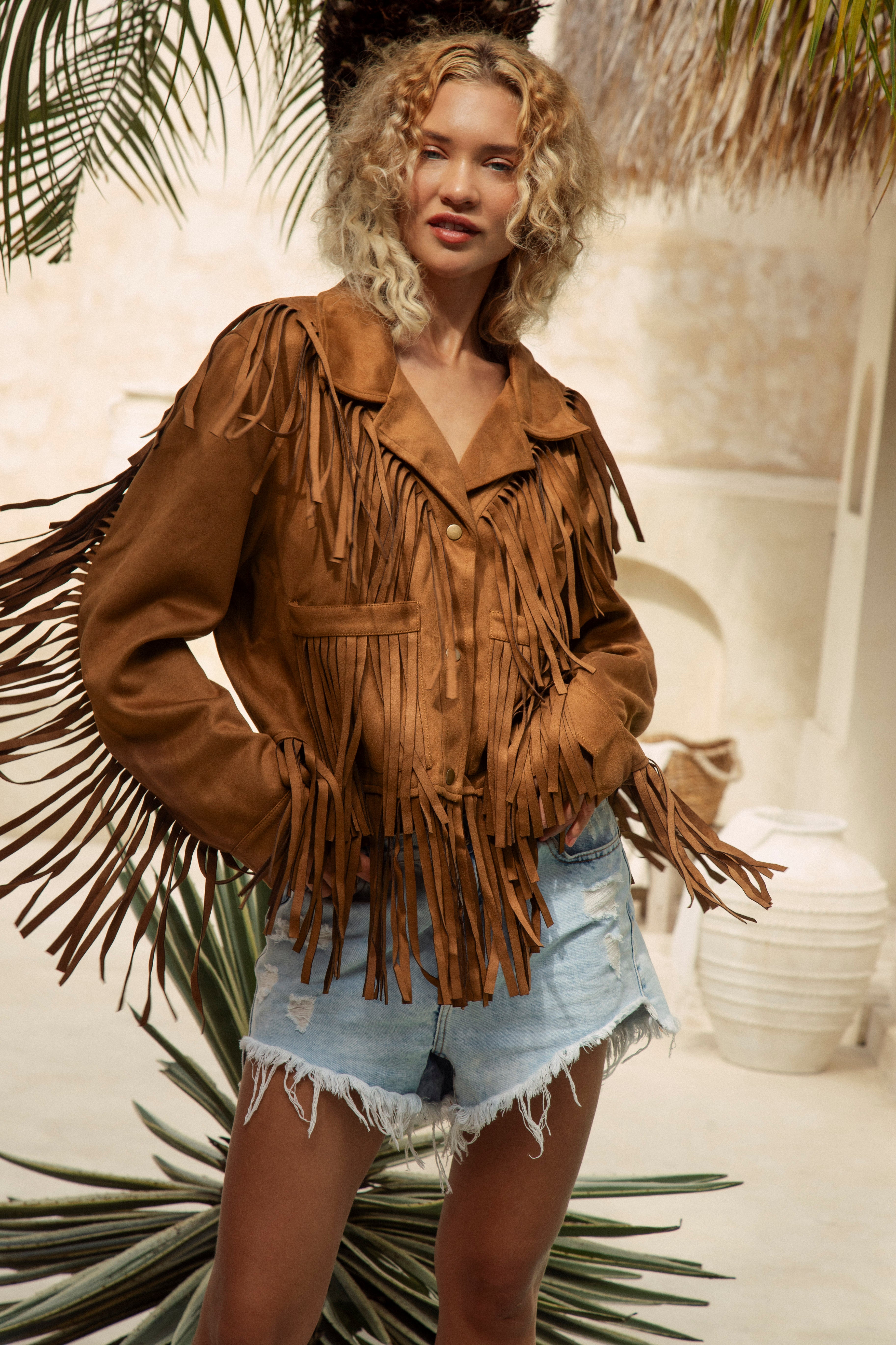 Chella Fringe Jacket is a suede look jacket in brown featuring tassels