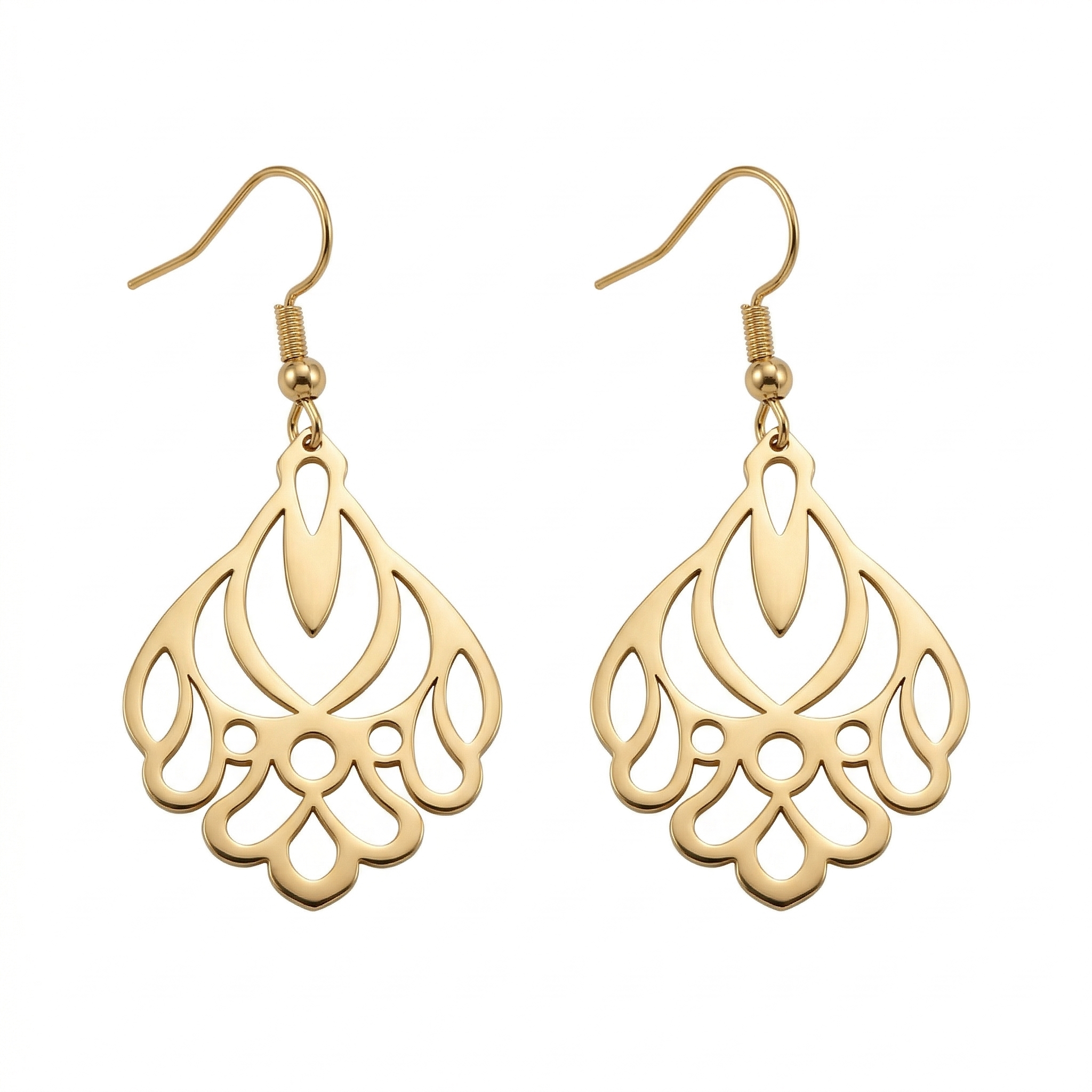 Gold earrings with intricate designs on a white background