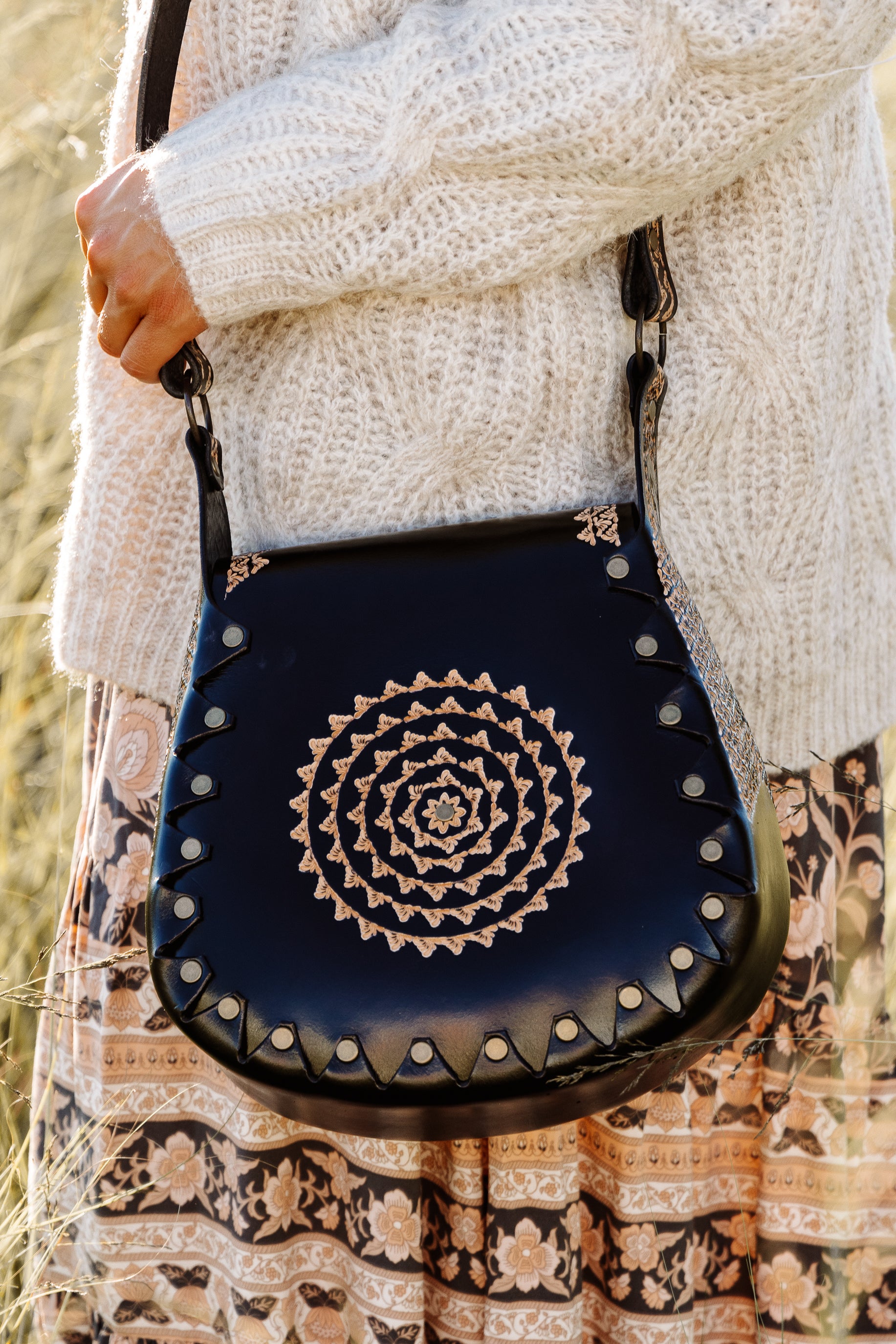 Indiana Midnight Hand Tooled Leather Bag