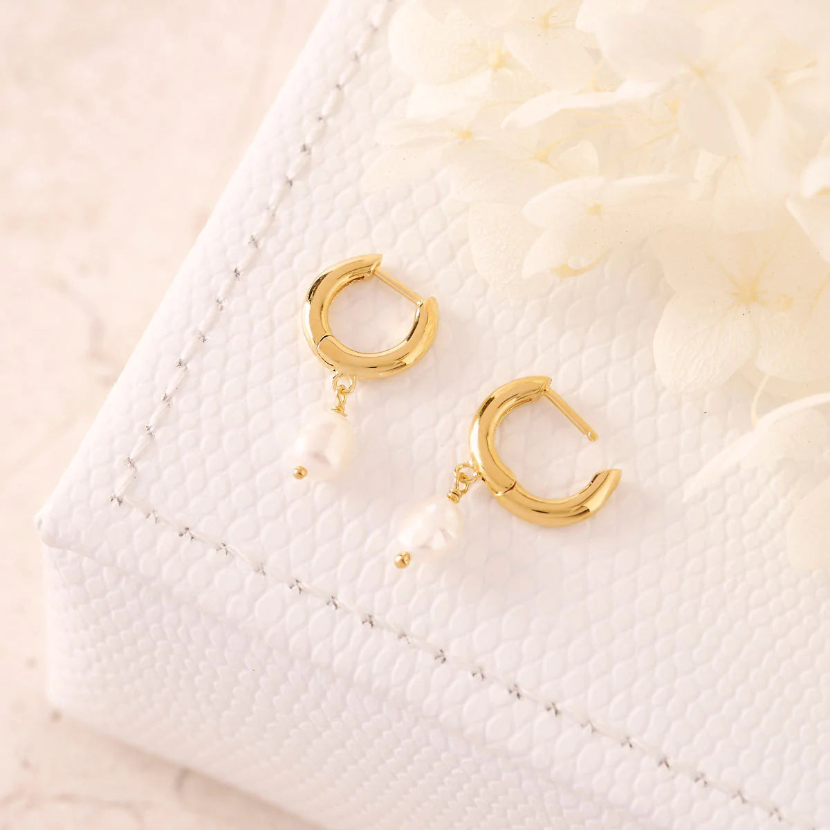 E775PLG - Delicate Pearl Huggies Gold