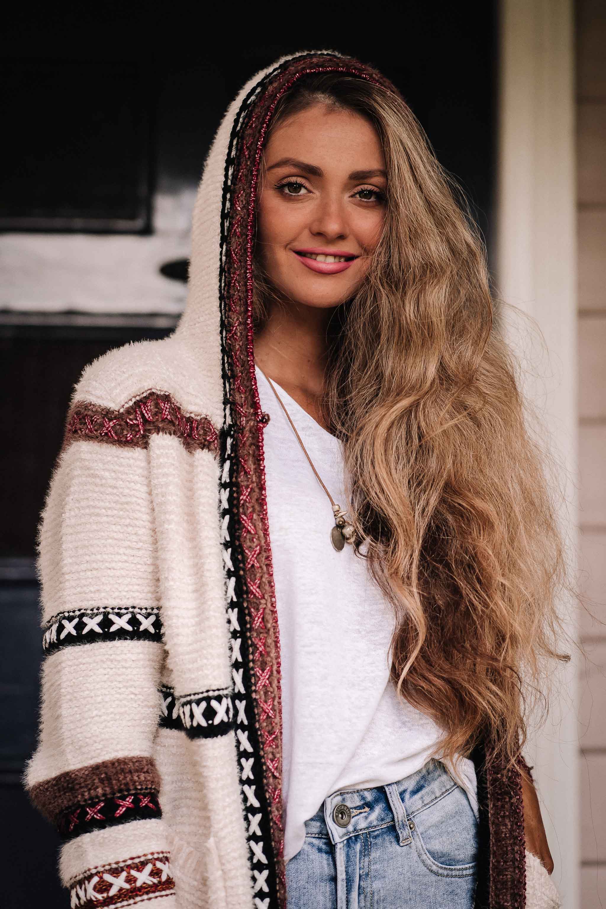Pocahontas Hooded Cardigan - longline hooded cardigan in striped shades of brown, black and cream.